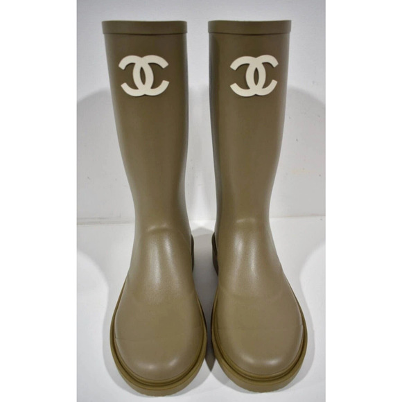 Chanel REV Dark Beige Caoutchouc White CC Logo High Pull On Rubber Rain Boots 36 - Picture 3 of 12